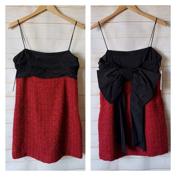 Maeve Bow Square Neck Tweed Strappy Mini Dress Red Black Women's Size Large - Picture 7 of 16